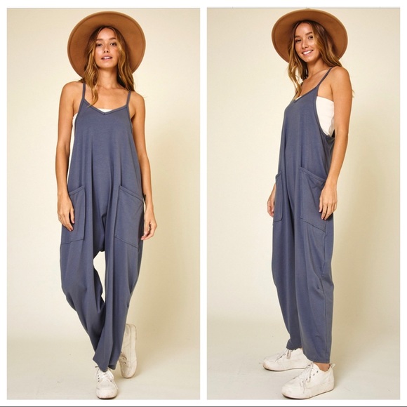 ShopEvelynne Pants - Jamie Dark Grey V neck Front Pockets Jumpsuit